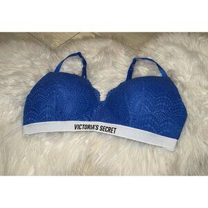 Victorias Secret Lined No Wire Bra Lace Spell Out Womens 38C Blue